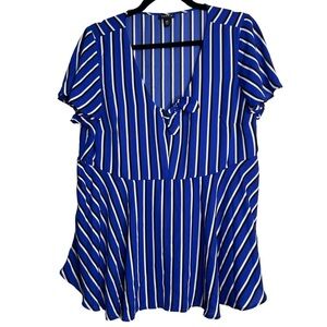 Torrid Womens Blue Black Striped Top Short Sleeve Peplum Tie Key Hole Size 10